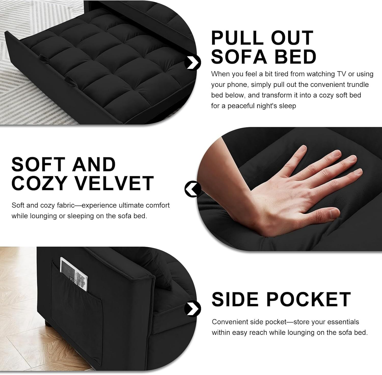 avobird 3 in 1 Convertible Sleeper Futon Sofa Bed, 55" Pull Out Sofa Bed with Storage Pocket/Side Pocket/2 Pillows for Living Room, Black