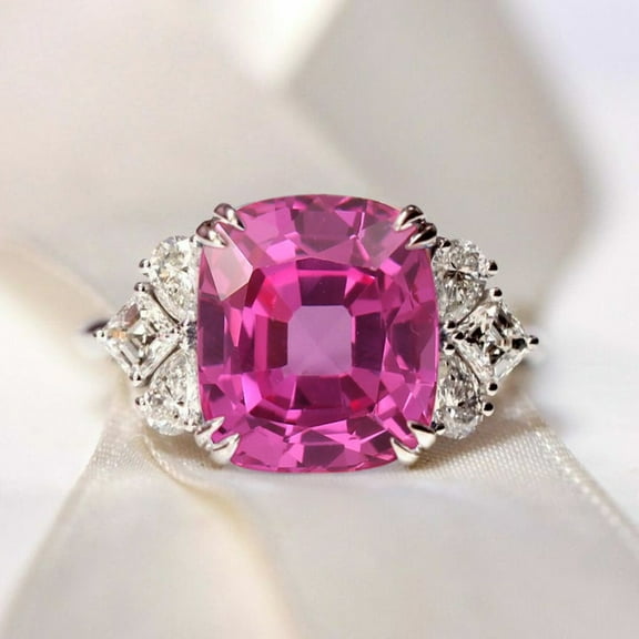 Cushion Cut Pink Sapphire Sapphire & Priencess Diamond Vintage Ring, Wedding Ring, 925 Sterling Silver, September Birthstone Vintage Handmade Ring, Art Deco Ring