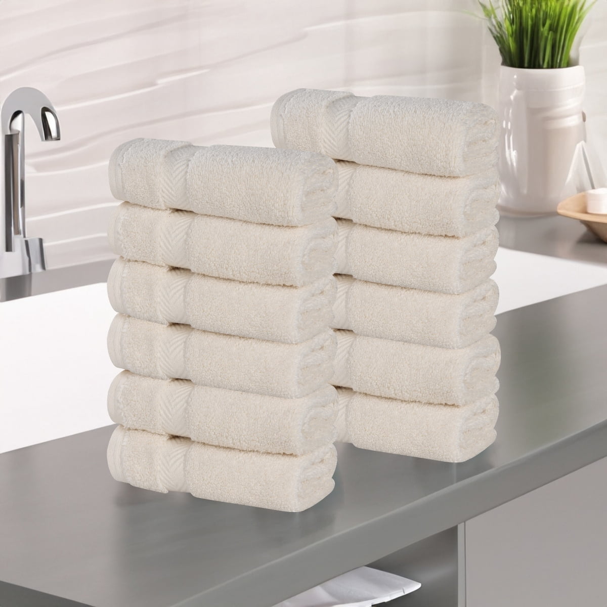 Superior Zero Twist Cotton Face Towel Washcloth Set of 12, Ivory