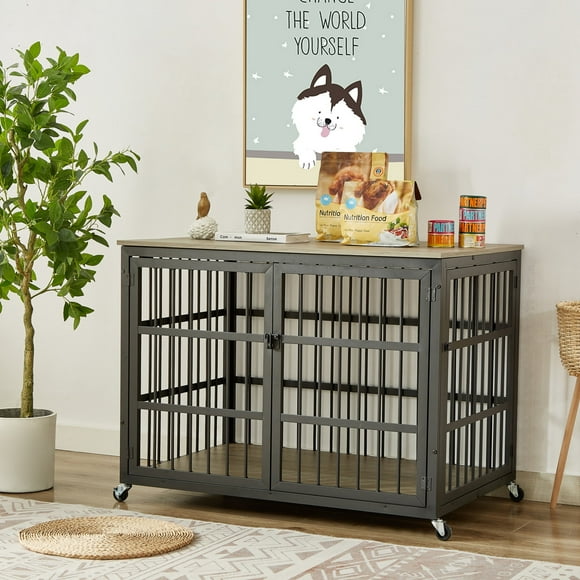 Furniture Style Dog Crate, Moveable Dog Cage Table with Wrought Iron Frame, Flip-Top Lid and Side Openings for Small and Medium Dog, Grey, 43.3''W x 29.9''D x 33.5''H