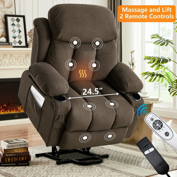UHOMEPRO Power Lift Recliner Chair for Elderly, Electric Lift Chair with Heat & Gentle Massage, Compact Size for Seniors, USB Port, 2 Cup Holders, Living Room Recliner, Brown