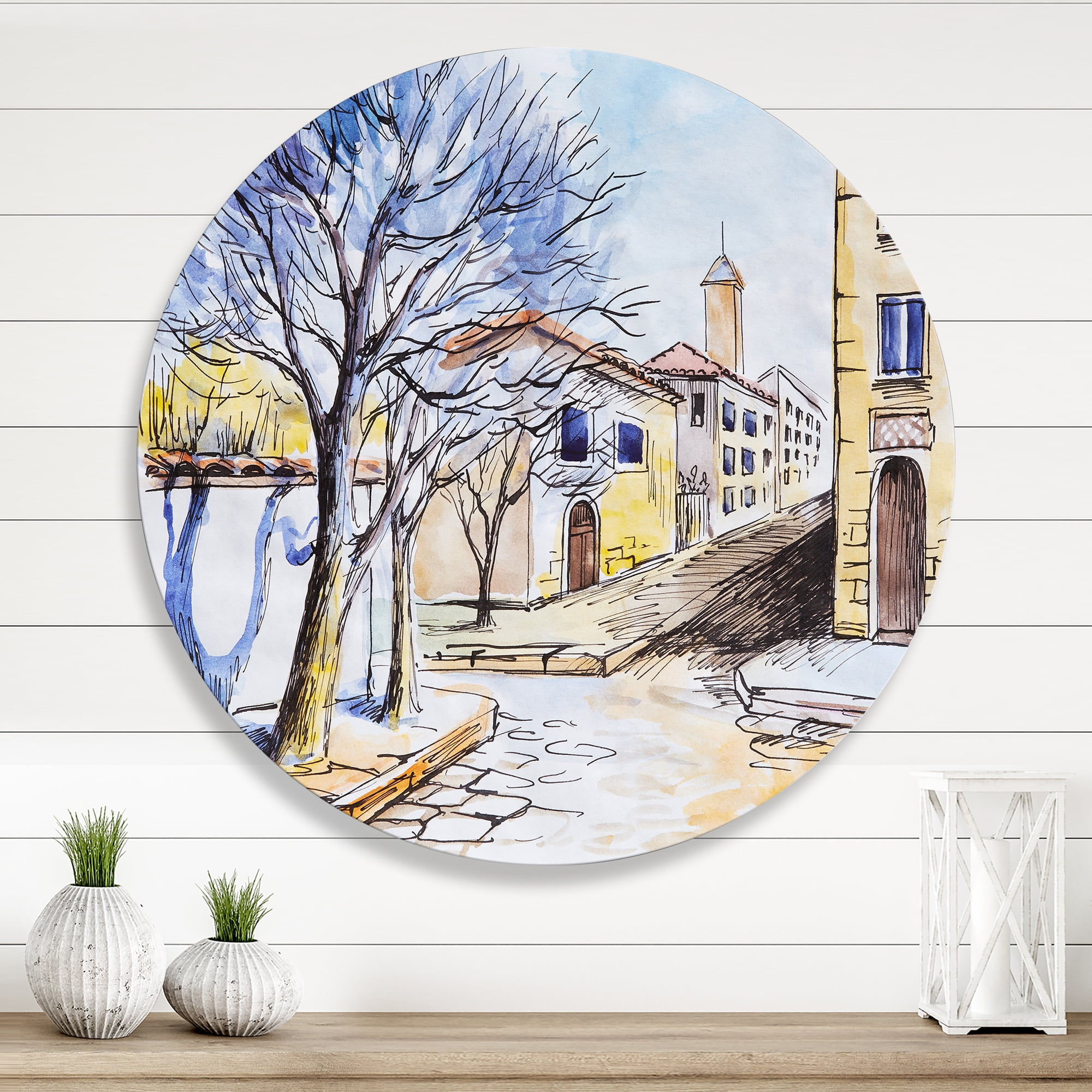 Designart 'Vintage White House In Summer VIllage' Traditional Circle Metal Wall Art 11x11 - Disc of 11
