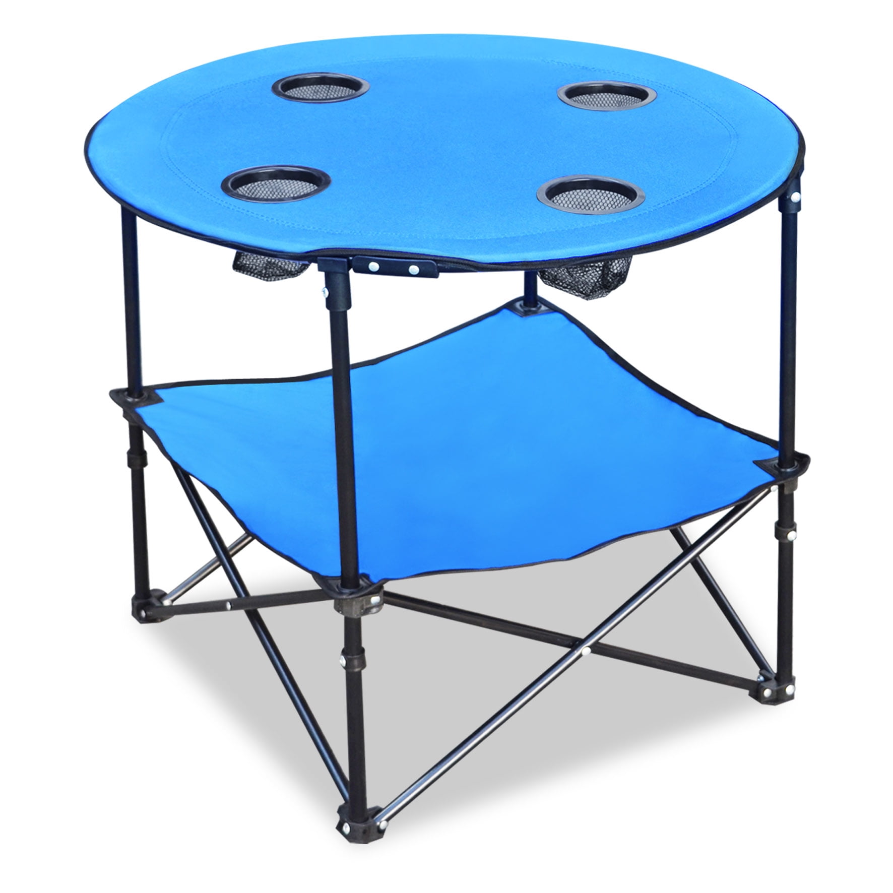 Strong Camel Folding Picnic Table Dia 27.5" Collapsible Round Table with 4 Cup Holders, Carry Case Included (with Shelf)