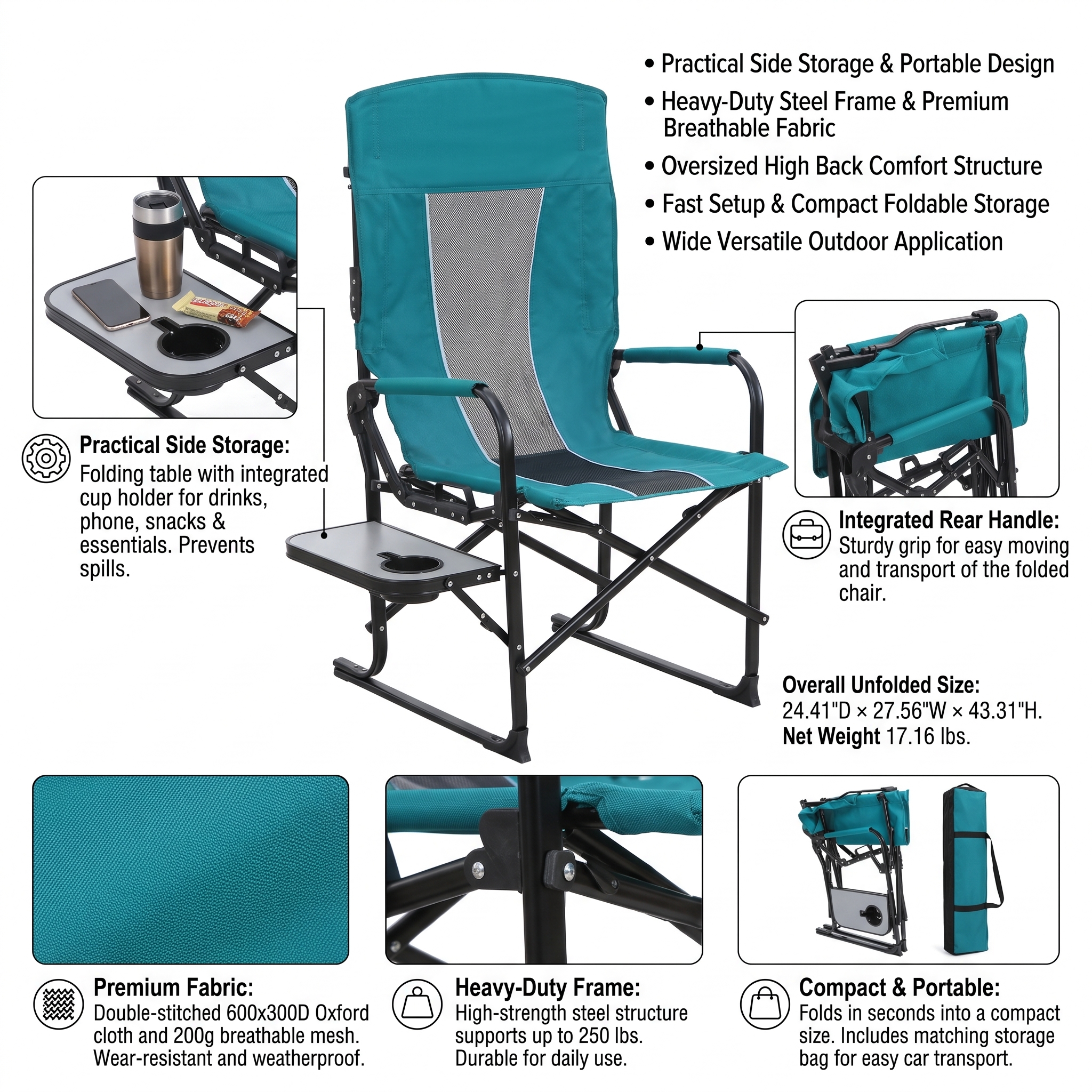 Oversized Folding Camping Directors Chair, Heavy Duty Steel Frame Portable Lawn Chair with Side Table, Cup Holder & Storage Pocket, 250LBS Capacity for Beach Fishing Picnic Outdoor