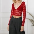 thumbnail image 2 of NINGMENG Womens Tops Solid Color Lace V Neck Long Sleeve See Through Mesh Floral Slim Fit Layering Tops Pullover T Shirts Outwear,Red,M, 2 of 5