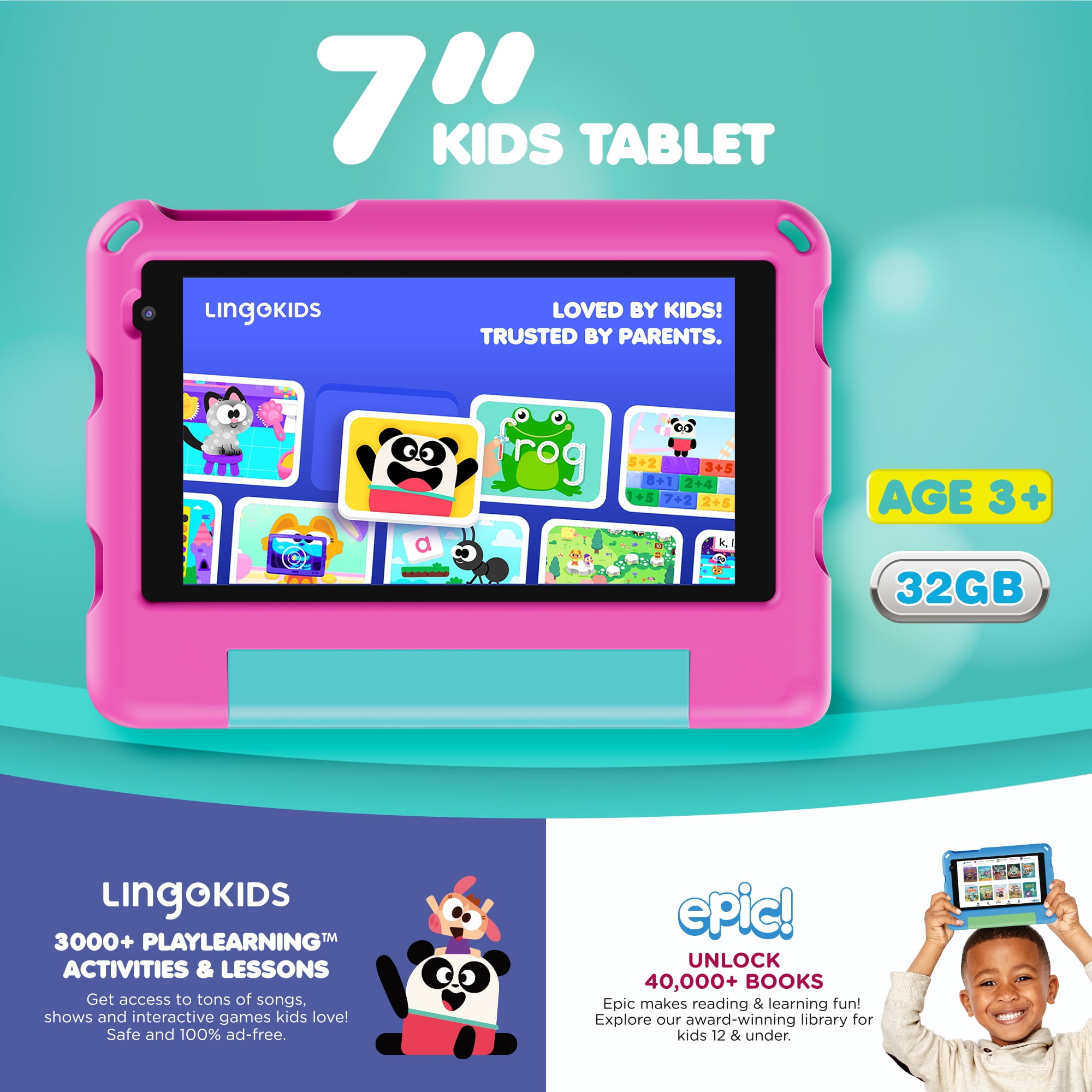 Contixo A7 Kids Tablets 2026 Model, Educational Tablets for Kids with Parental Controls & Kid-Proof Case, 7”, Pink