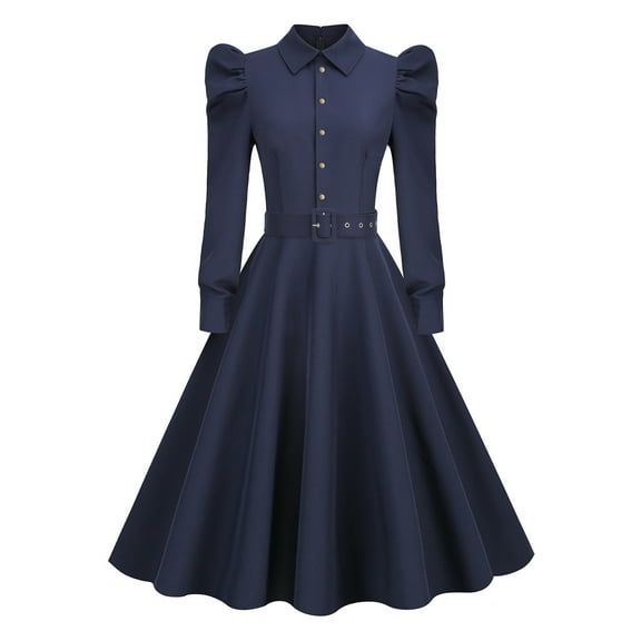 XFLWAM Womens 1950s Retro Rockabilly Dresses Lapel Button Down Puff Long Sleeve Vintage Cocktail Party Dress Solid Color A-Line Swing Dress with Belt Navy L