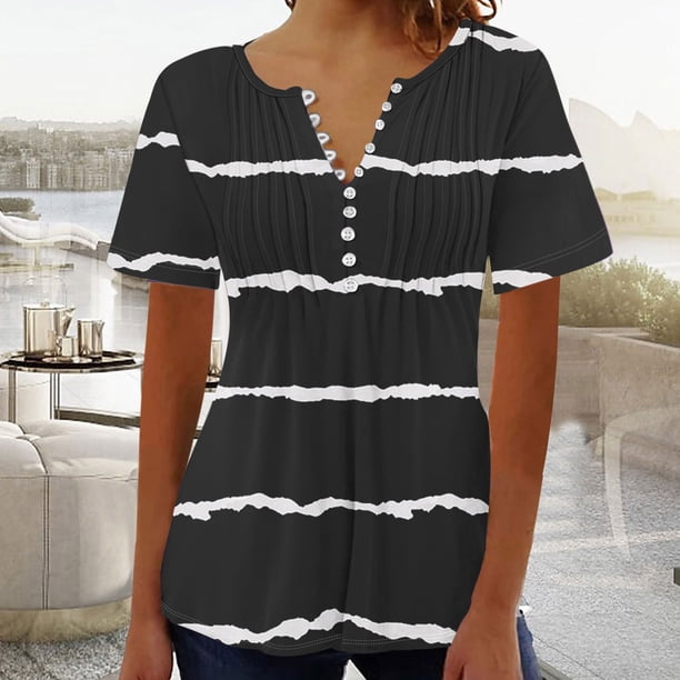 Fiudx Camisetas para Mujer Top Corto con Botones y Cuello En V Estampado para Mujer