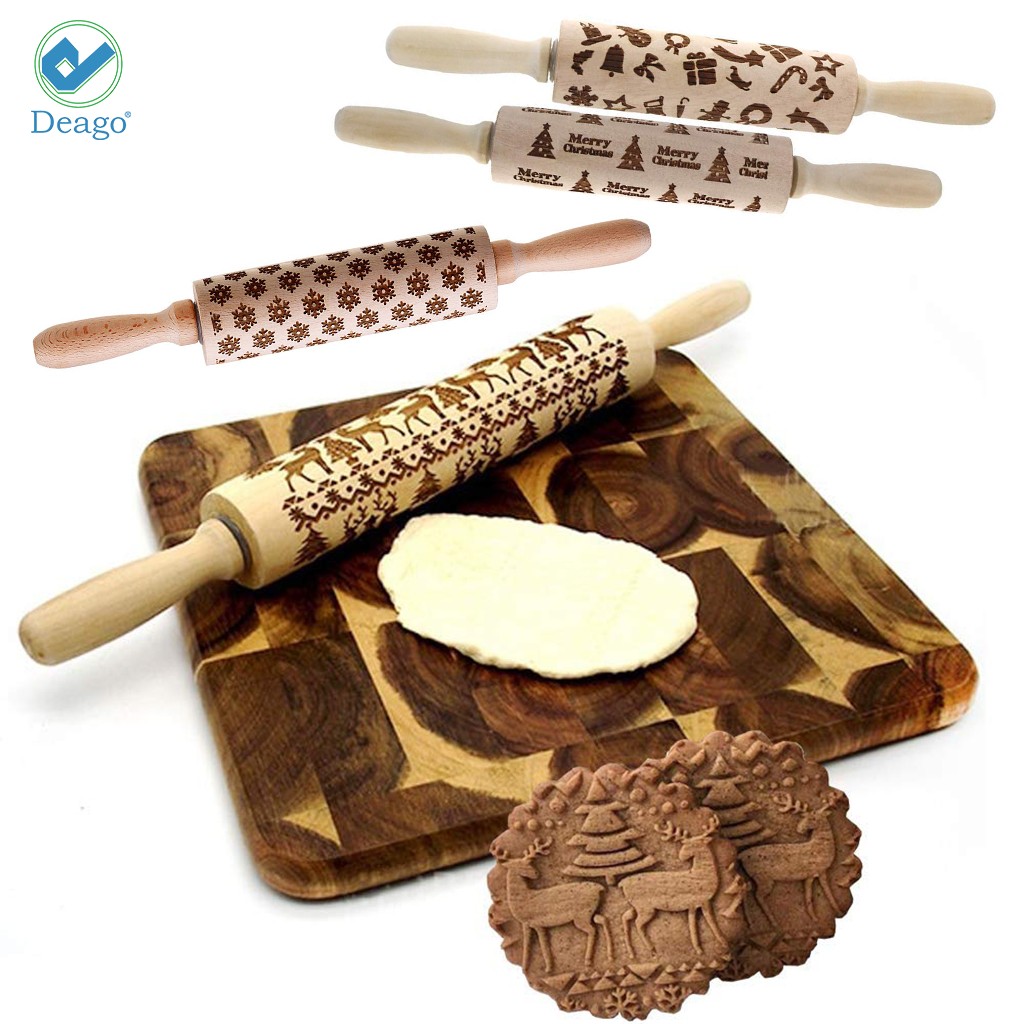 Deago 17" 3D Christmas Wooden Rolling Pin Embossing Roller Pins with Christmas Pattern for Cookies Cake Baking Kitchen Tool - image 4 of 8