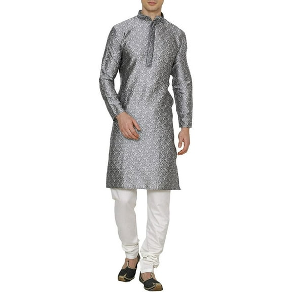 Royal Men's Grey Jacqaurd Neck Embroidered Kurta Pyjama