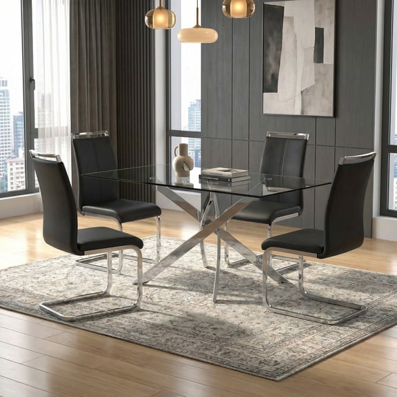 Sumdeal Modern 5-Piece Dining Table Set, 63" Rectangular Tempered Glass Table with 4 Black PU Leather C-Frame Cantilever Chairs, Ghrome Plated Metal Legs, Luxury Kitchen & Dining Furniture