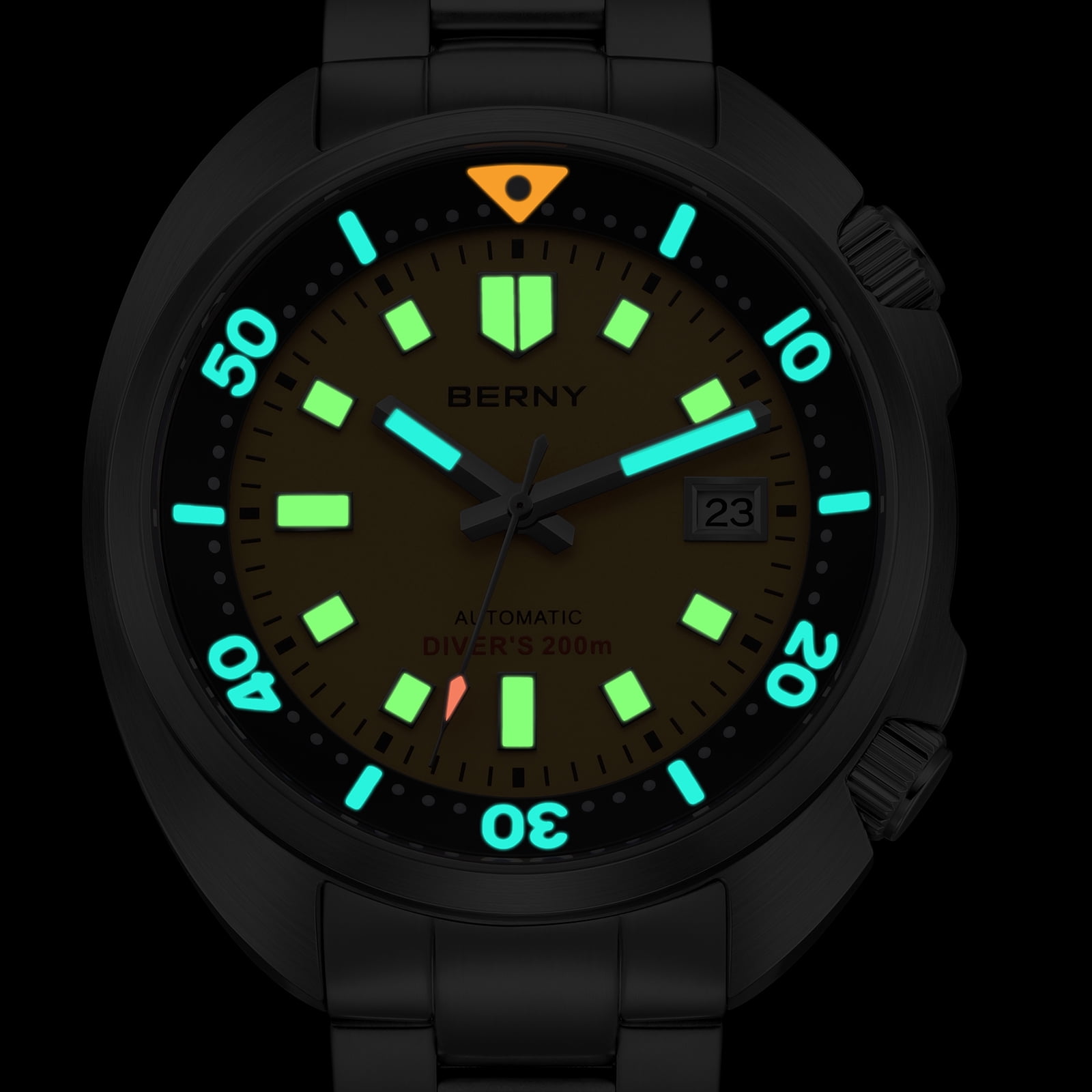 BERNY Automatic Dive Watches for Men, Sport 200M Waterproof Analog Mechanical Watch with Date Display, Super Luminous, Stainless Steel, Sapphire Crystal, Fashion Men's Diver Watch (Yellow)