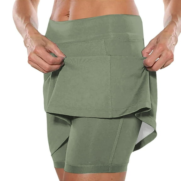 FAOWME Women's Skirts With Pockets High Waist Solid Color Comfortable Breathable Fitness Yoga Skirt Built In Shorts For Sports Activities,Army Green,L