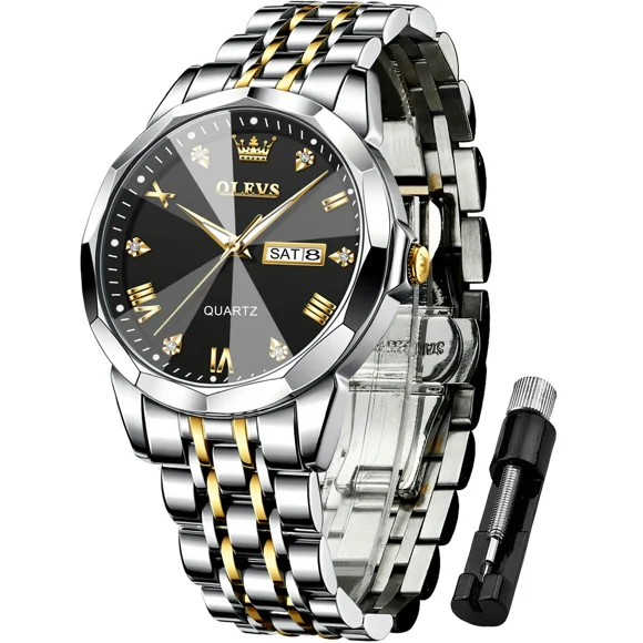 OLEVS Watch for Men Diamond Business Dress Analog Quartz Stainless Steel Waterproof Luminous Date Two Tone Luxury Casual Wrist Watch