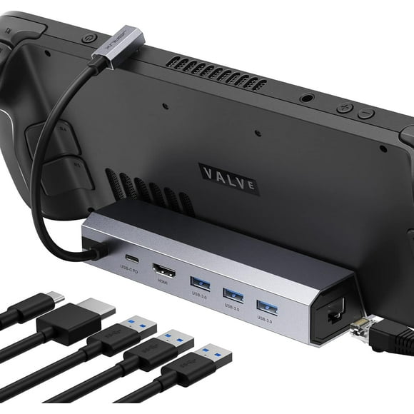6-in-1 Docking Station for Steam Deck, ROG Ally, and Legion Go - HDMI 2.0 4K@60Hz, Gigabit Ethernet, 3 USB-A 3.0 Ports, and 100W USB-C Charging
