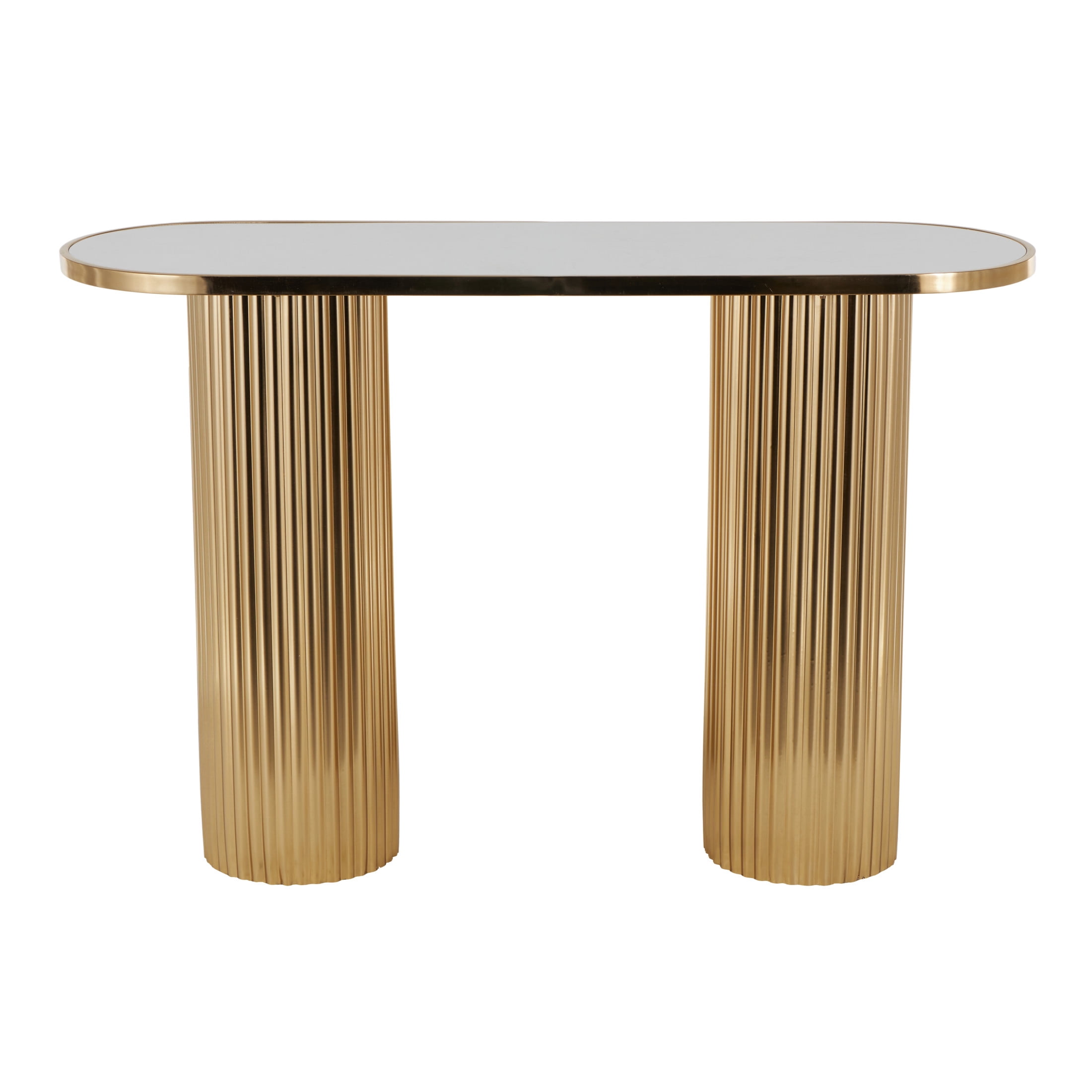 DecMode 47" x 31" Gold Metal Oval Console Table with White Marble Tabletop and Ribbed Legs, 1-Piece