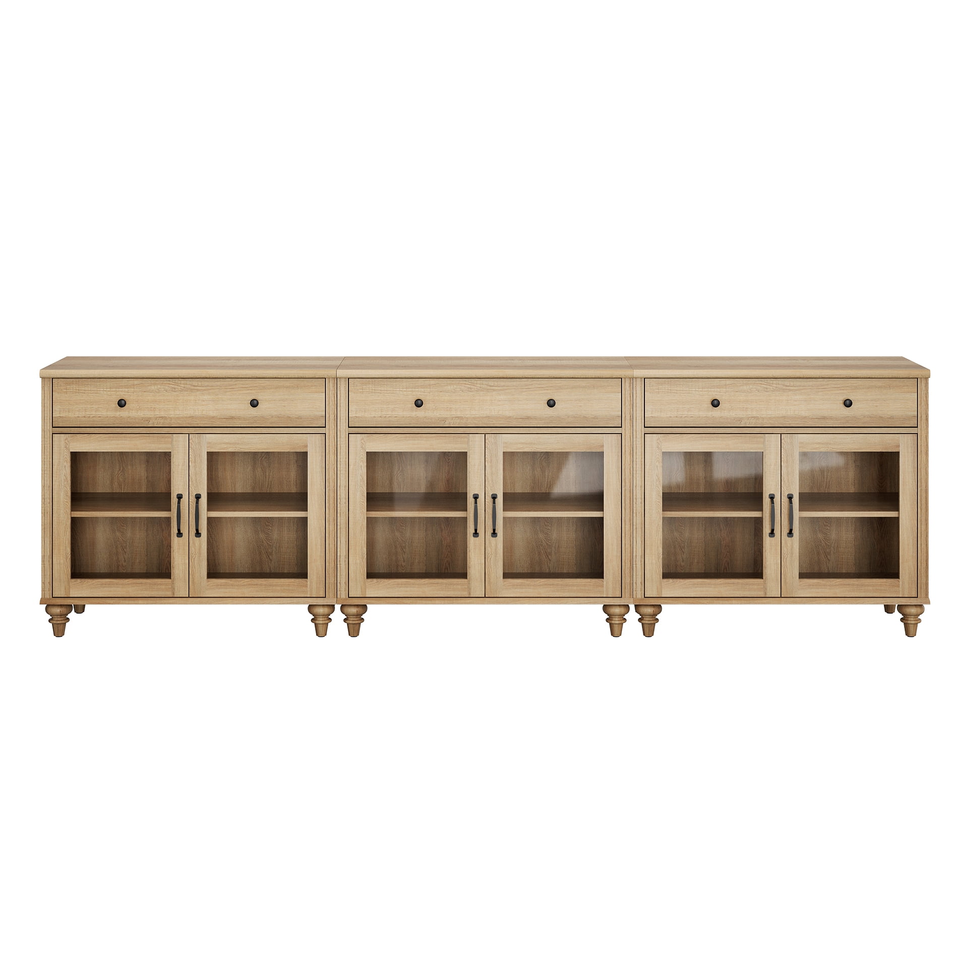101" Oak Glass Door Buffet Cabinet with Drawer, Farmhouse Sideboard with Storage