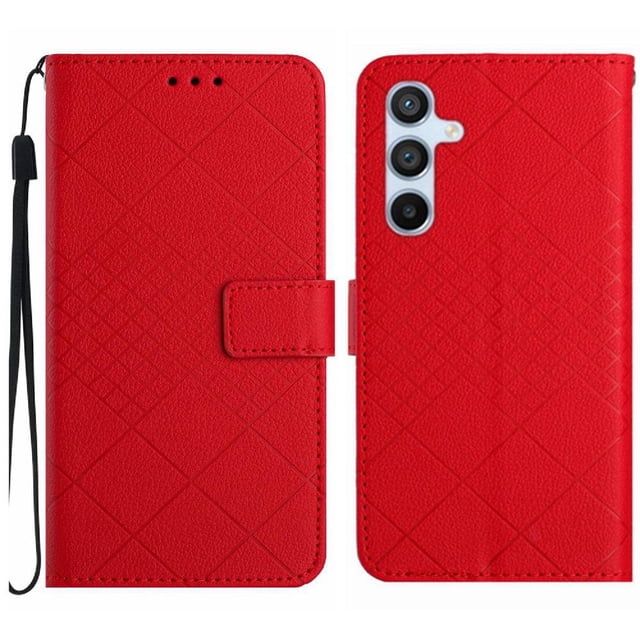 Flip Wallet Case for Samsung Galaxy A25 5G with Kickstand & Wrist Strap, Shockproof TPU Inner Red