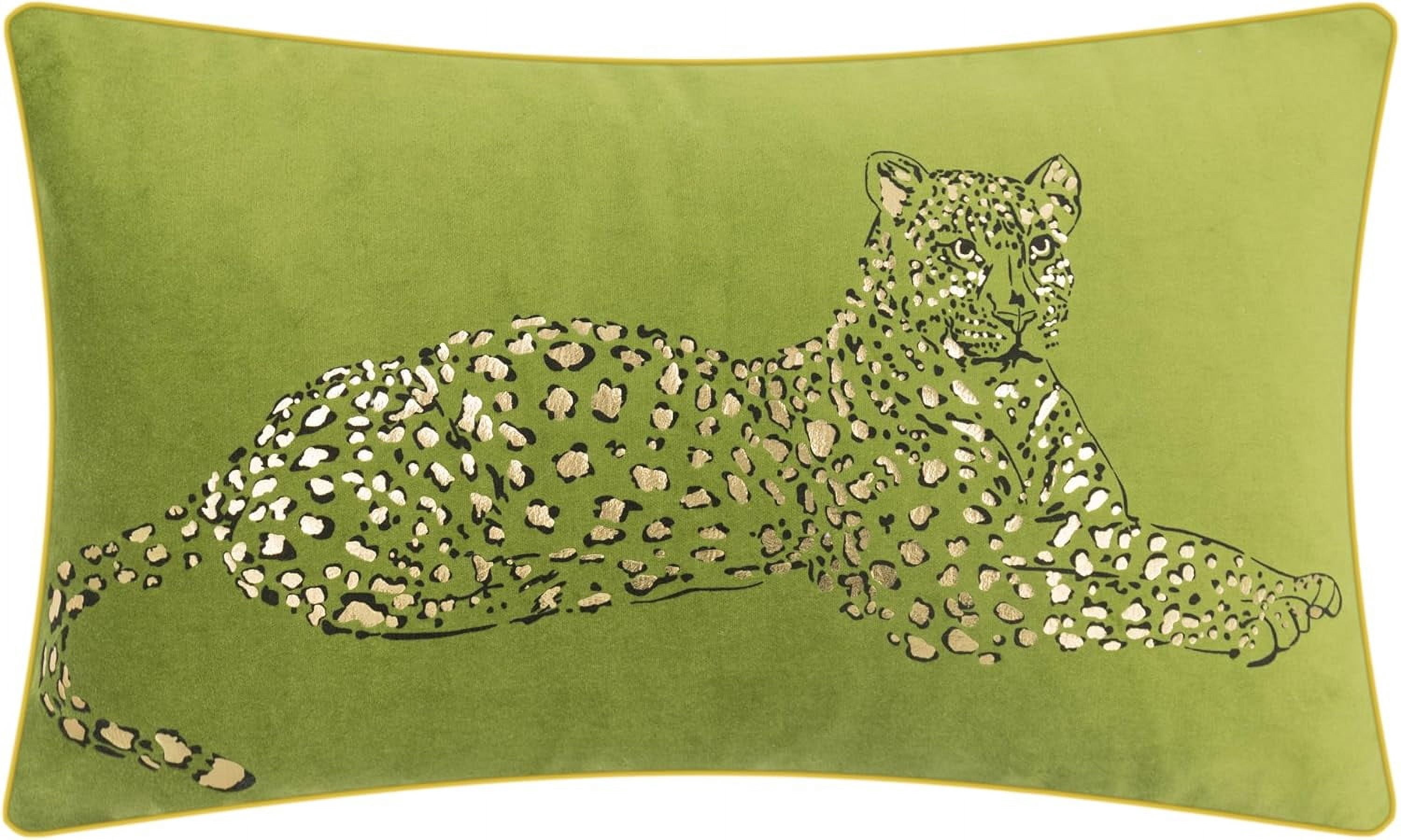 JWH Gold and Green Rectangle Cotton Velvet Leopard Print Cushion Cover 12x20inch