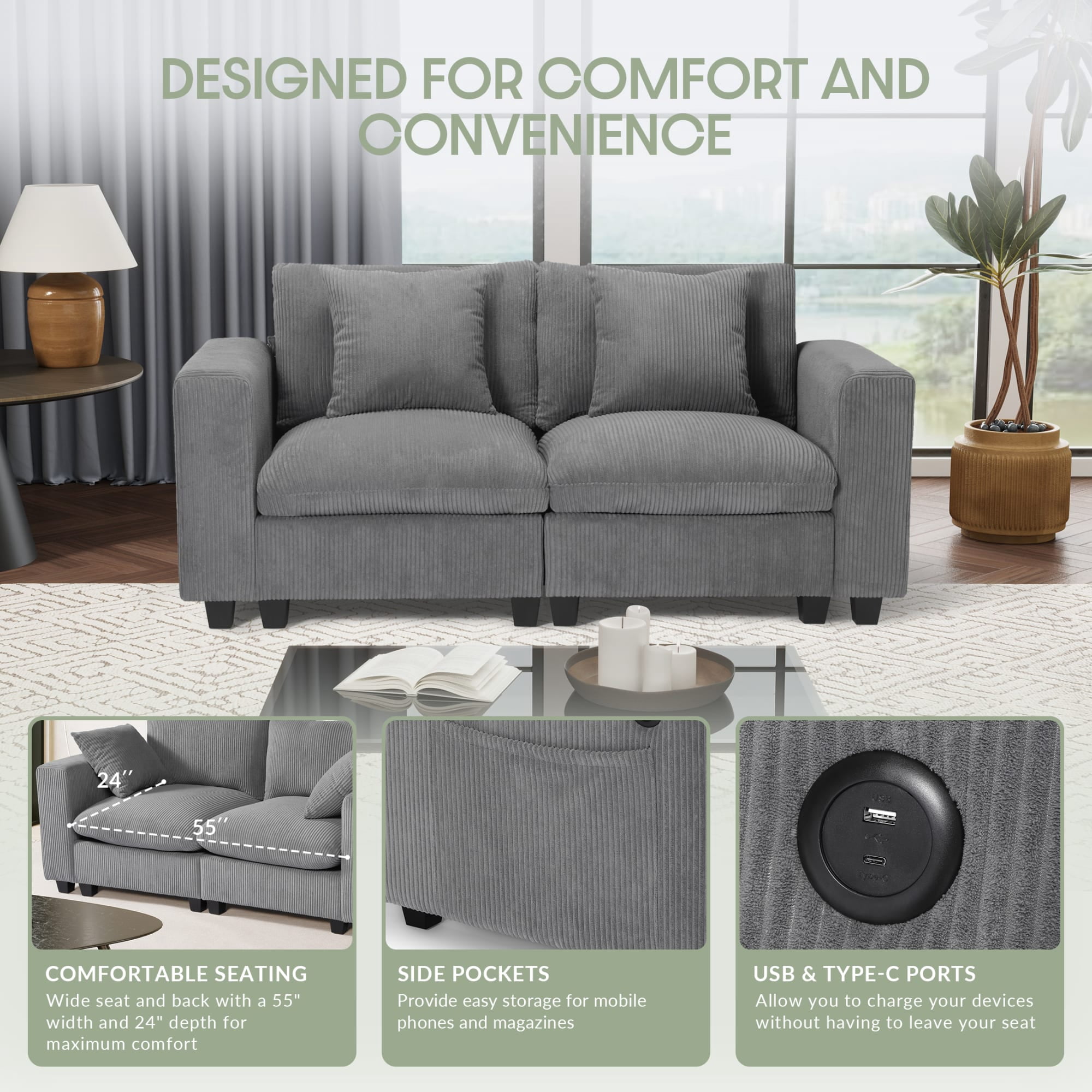 WestinTrends Hearthside 70" Modular Corduroy Loveseat Sofa With USB/Type-C Ports and Side Pockets, Gray