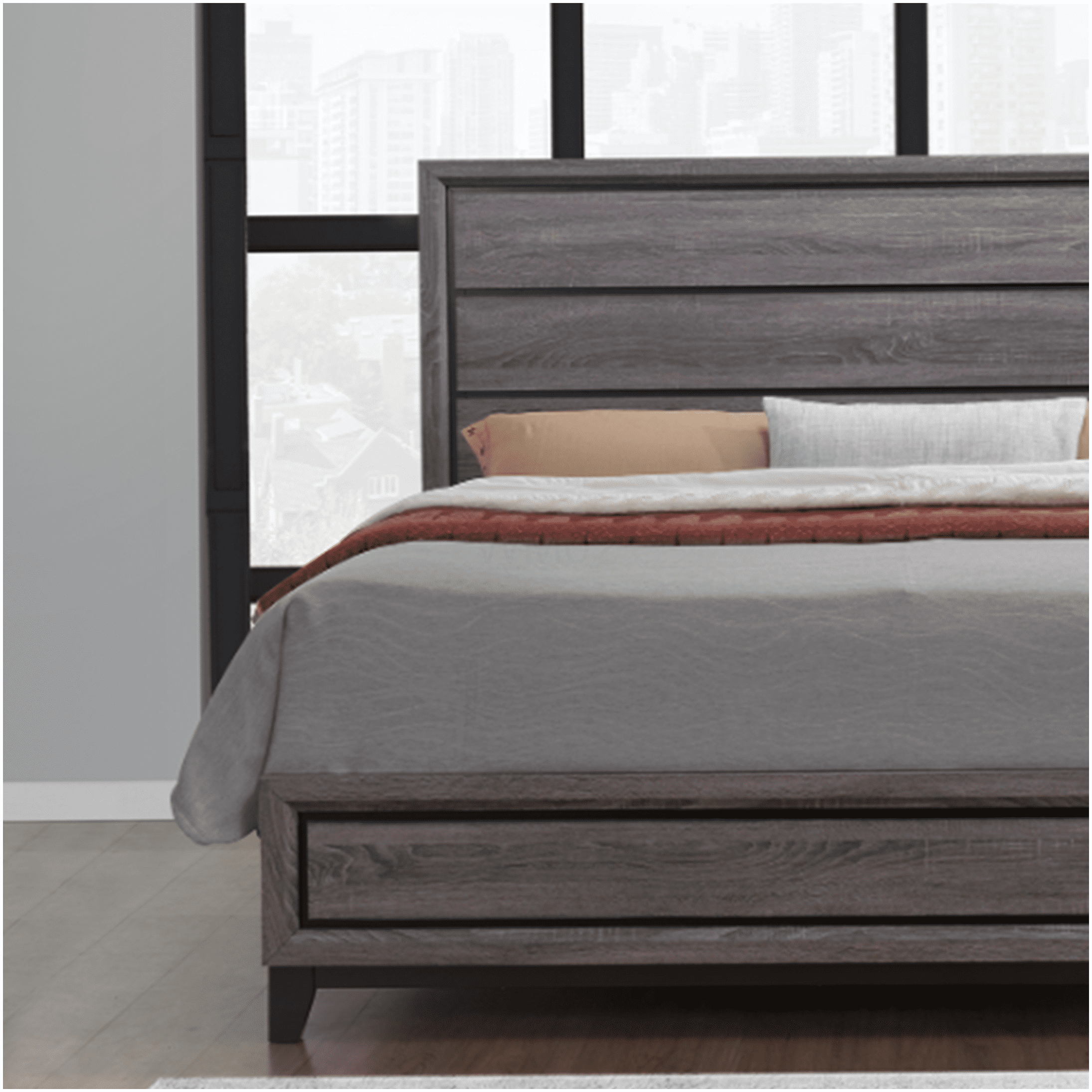 King Size Platform Bed Frame with Upholstered Headboard, Modern Low Profile Bedroom Furniture in Gray and Black, Wood Slat Support