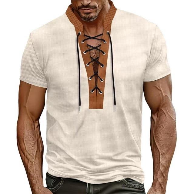 Mens Shirts Sale Clearance! Mens Lace up Tactical T-Shirts Short Sleeve Textured Drawstring Tops Renaissance Tees Summer Tracksuit Henley Shirts