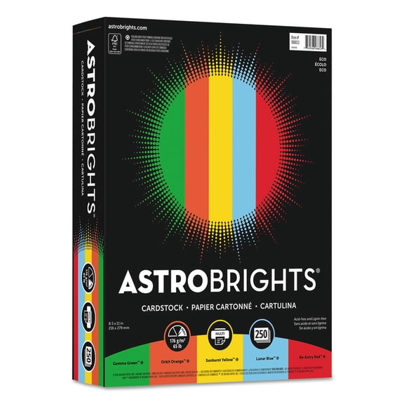 Astrobrights® Color Card Stock, Assorted Colors, Letter (8.5" x 11"), 65 Lb, 30% Recycled, FSC® Certified, Pack Of 250