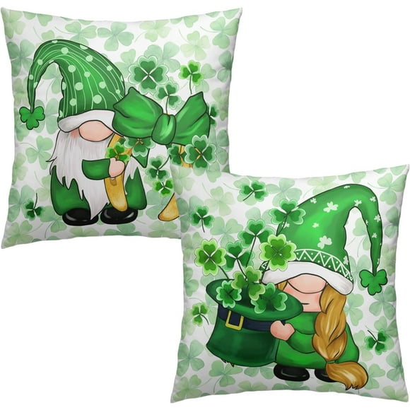 Housses de Coussin Gnomes de la Saint-Patrick 16x16 Ensemble de 2 Vert Trèfle Porte-Bonheur Housse de Coussin Décorative Trèfles de la Saint-Patrick Chapeau à Nœud Étuis de Coussin Printemps Rustique Taie d'Oreiller d'Extérieur pour Canapé Sofa