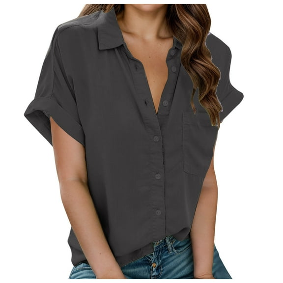OSOLU Solid Color Women Short Sleeve Lapel Button Shirt Tops Classic Women Tops Dressy Casual