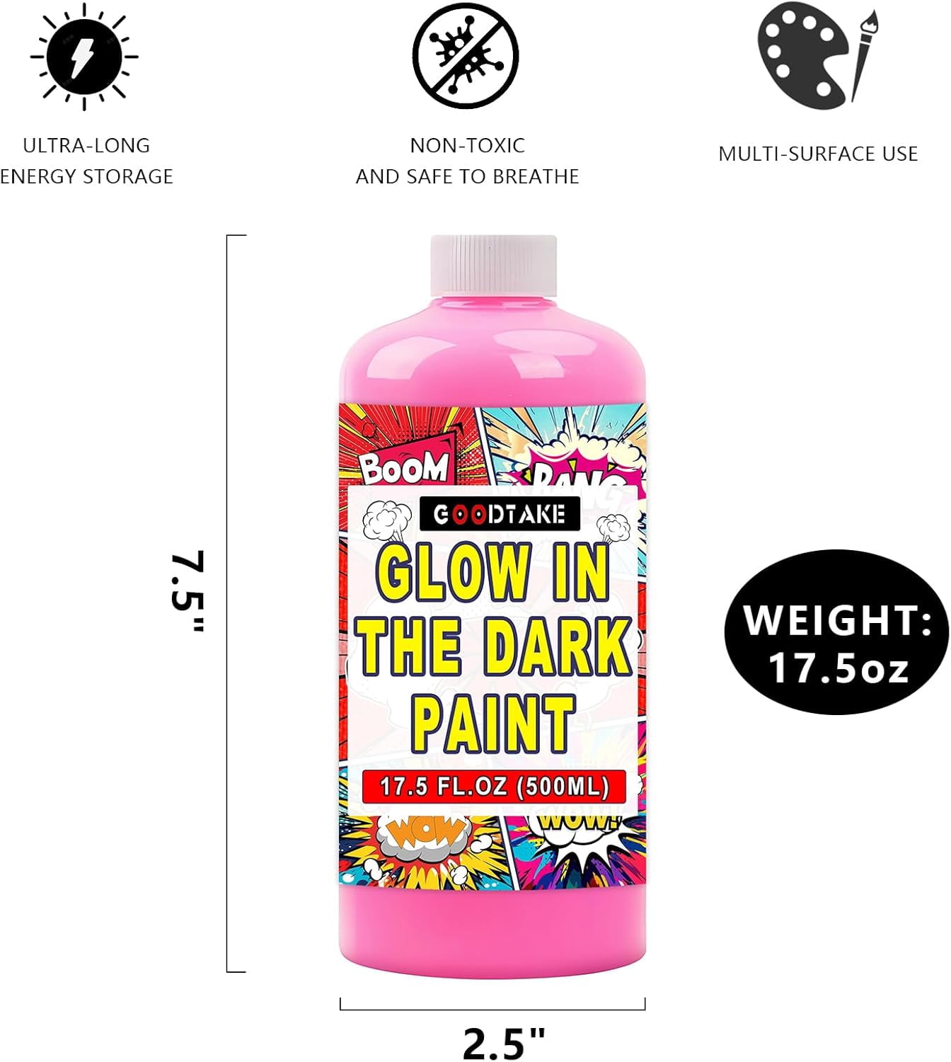 GOODTAKE 500ml (17.5oz) Glow In The Dark Paint – Large Size (4X Bigger Than 120ml) – Vibrant Neon Colors for Canvas, Wood, Fabric & Crafts – Black Light Paint (Hot Pink, 17.5 Fl Oz)