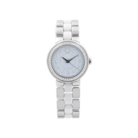 Movado Cerena 28mm Steel White Ceramic Diamond Bezel Quartz Ladies Watch 0606931