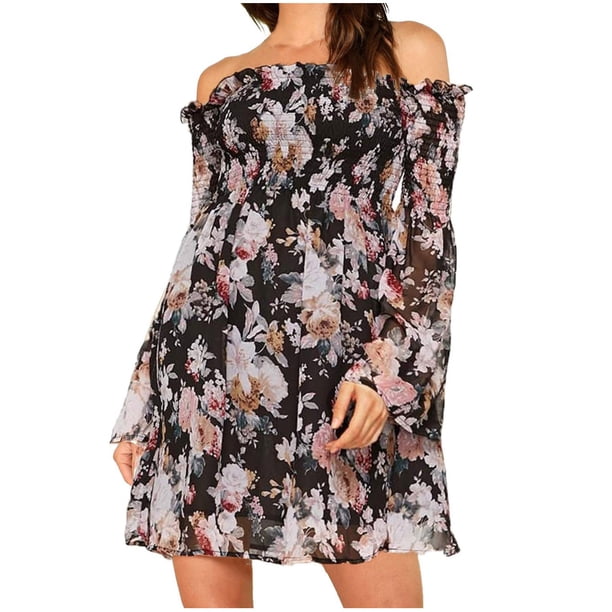 Vestido de manga larga con hombros descubiertos y estampado cómodo de ocio a la moda para mujer Pompotops hdfakjf8871