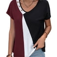 thumbnail image 1 of Camiseta de color en contraste para mujer, camiseta estampada con cuello en V, camisetas de manga corta informales de verano, rojo vino L, 1 of 6