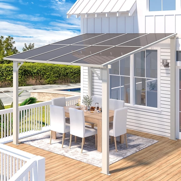 AECOJOY Gazebo 2,44 m x 2,44 m, Pergola Extérieure en Aluminium Étanche pour Jardin, Belvédère Mural à Toit Rigide Blanc (en Promotion)