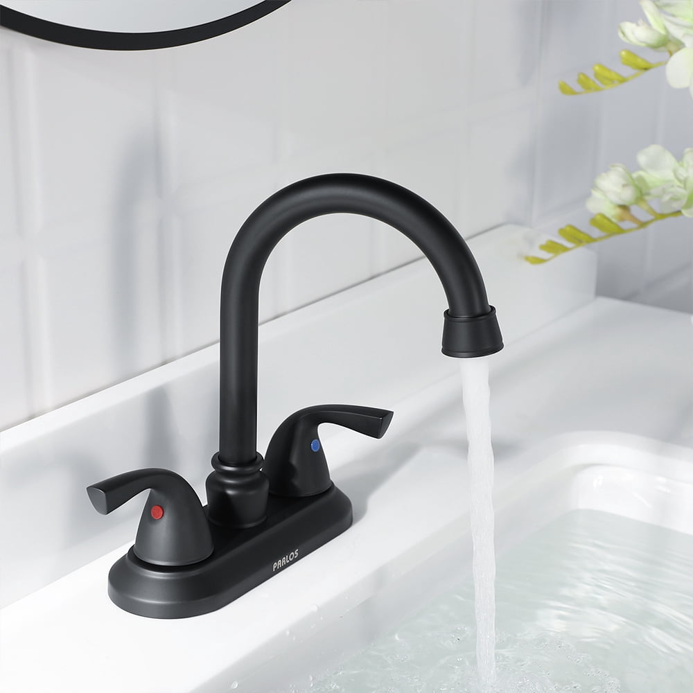 PARLOS Two-Handle Bathroom Sink Faucet with Metal Drain Assembly and Supply Hose, Matte Black