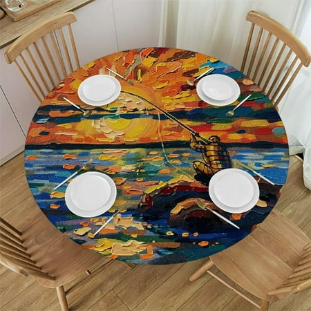 

QFMY Sunset Fishing Round Table Cloth 100% Polyester Fiber - Multiple Sizes Machine Washable 38-42