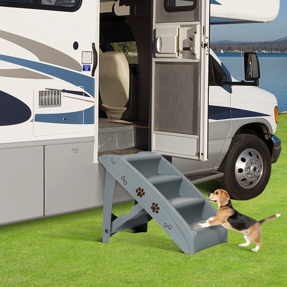 SuperDeal 24"L 15.5"W Lightweight Folding 4-Step Pet Stairs for Bed Sofa W/Washable Carpet PP Dark Gray