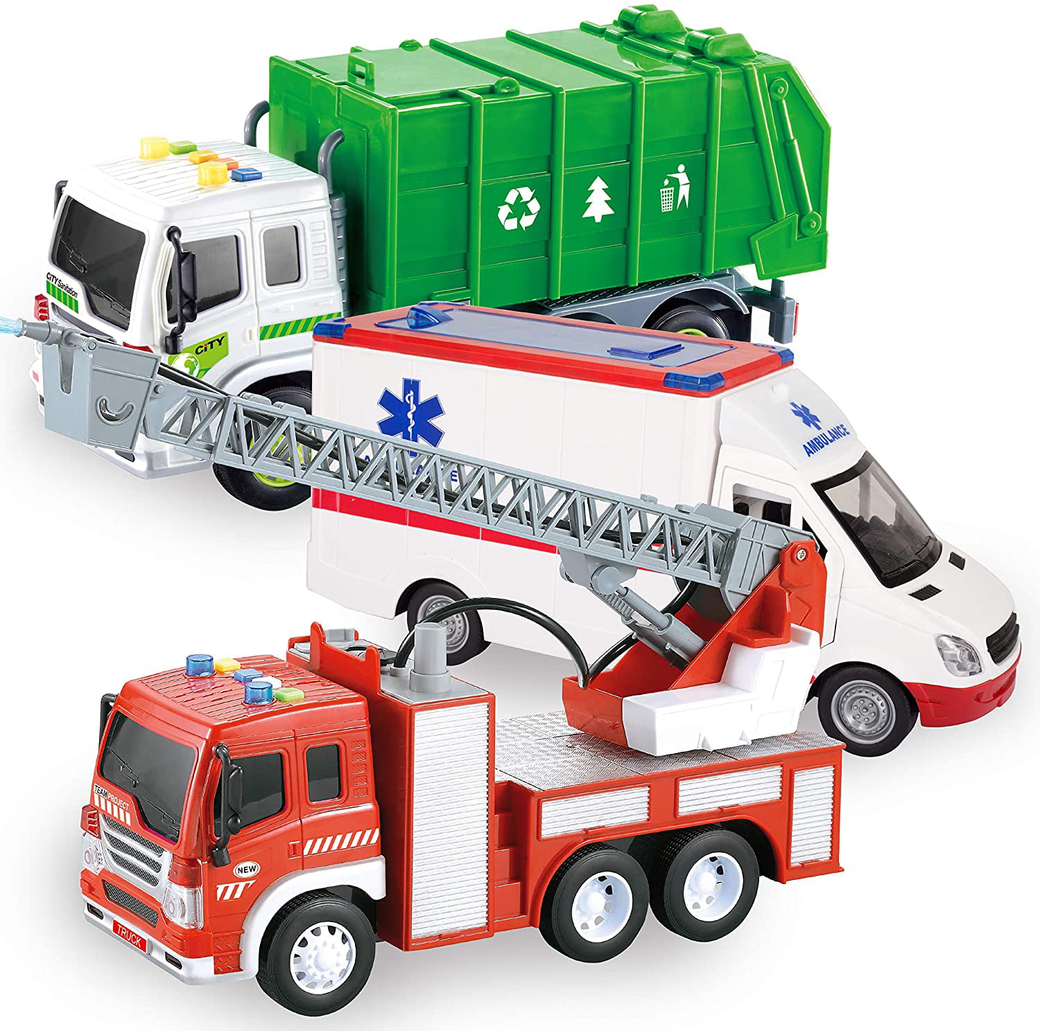 kandidatskole væv gaffel JOYIN 3 PC 1:16 Big Friction Powered City Play Vehicle Toy Set Including,  Fire Engine Rescue Truck, Ambulance, and Recycling Garbage Truck, Vehicle  Toy with Lights and Sound Siren - Walmart.com