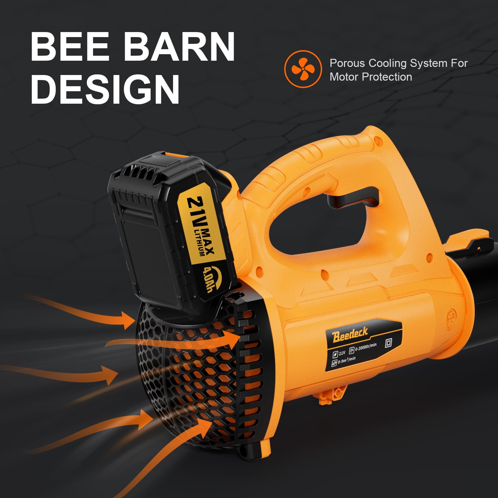 BEEDECK Cordless Leaf Blower - 450 CFM 250 MPH 6-Speed Electric with 21V 4.0Ah Lithium Blower, Lightweight Leaf Blower