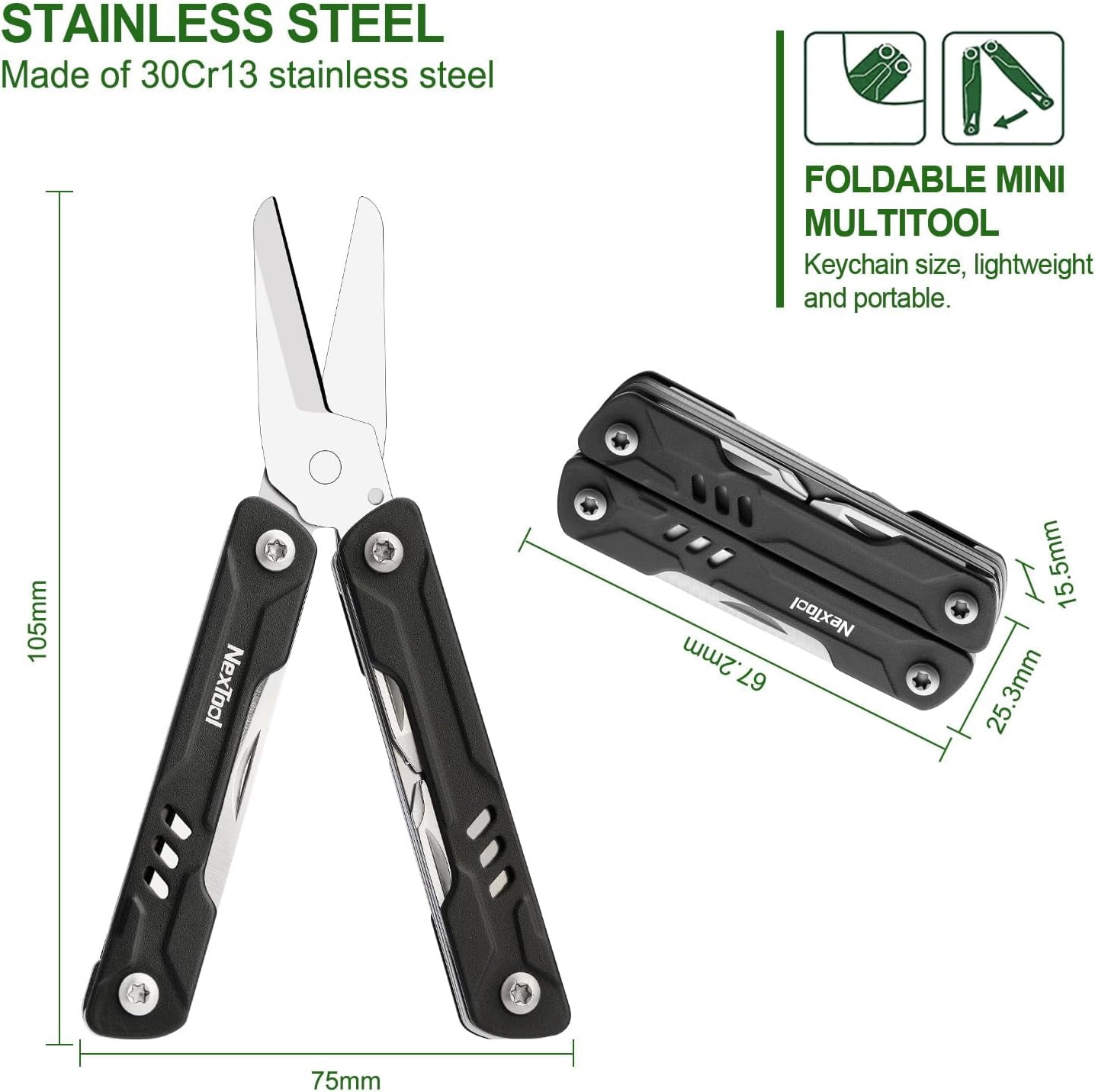 NexTool 10 in 1 Multitool, Mini Sailor Scissors with Key Ring, EDC Pocket Knife, Mini Pliers, Black