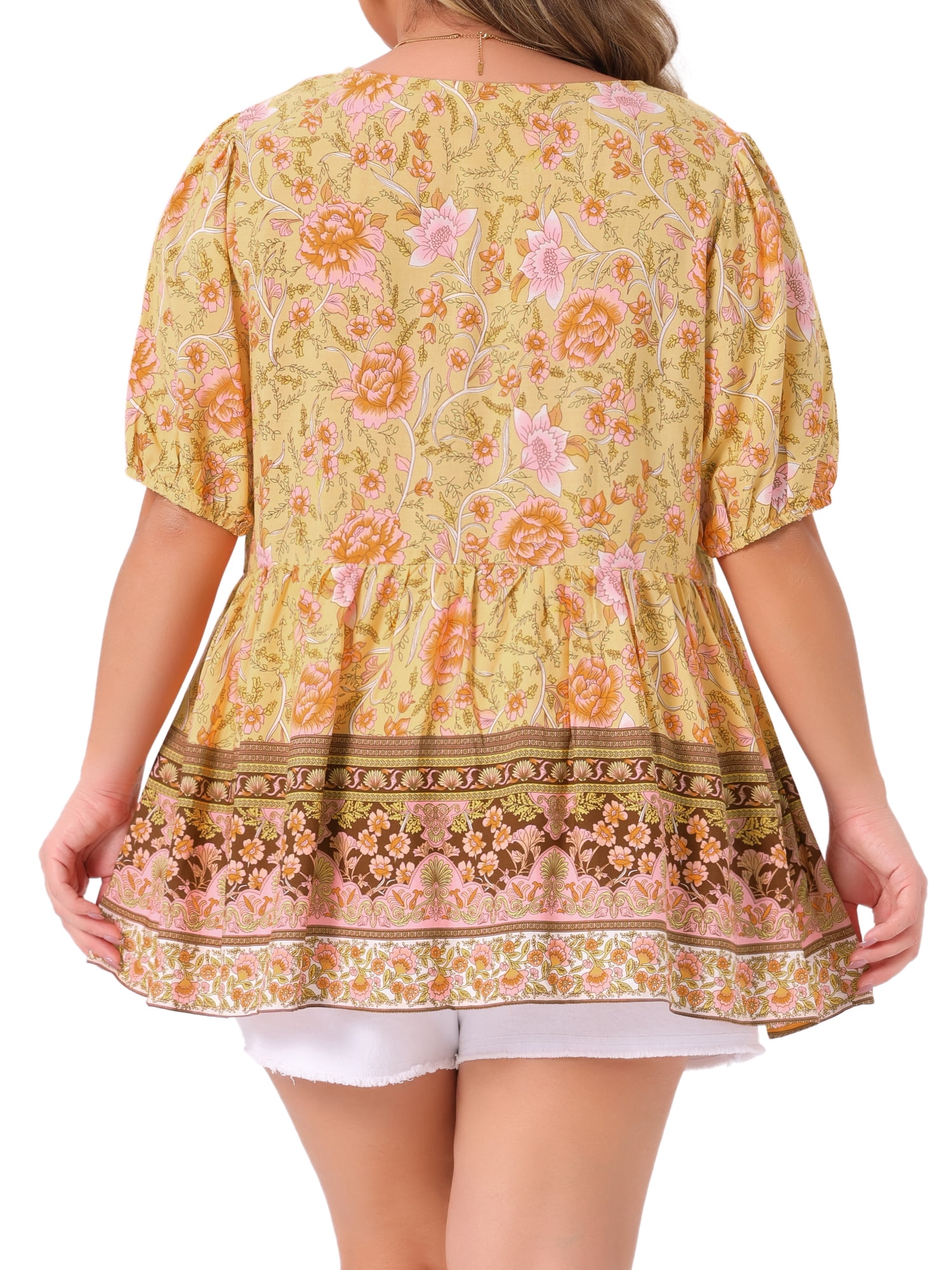 Women's Plus Boho Floral Print V Neck Short Sleeve Summer Blouses 3X Yellow