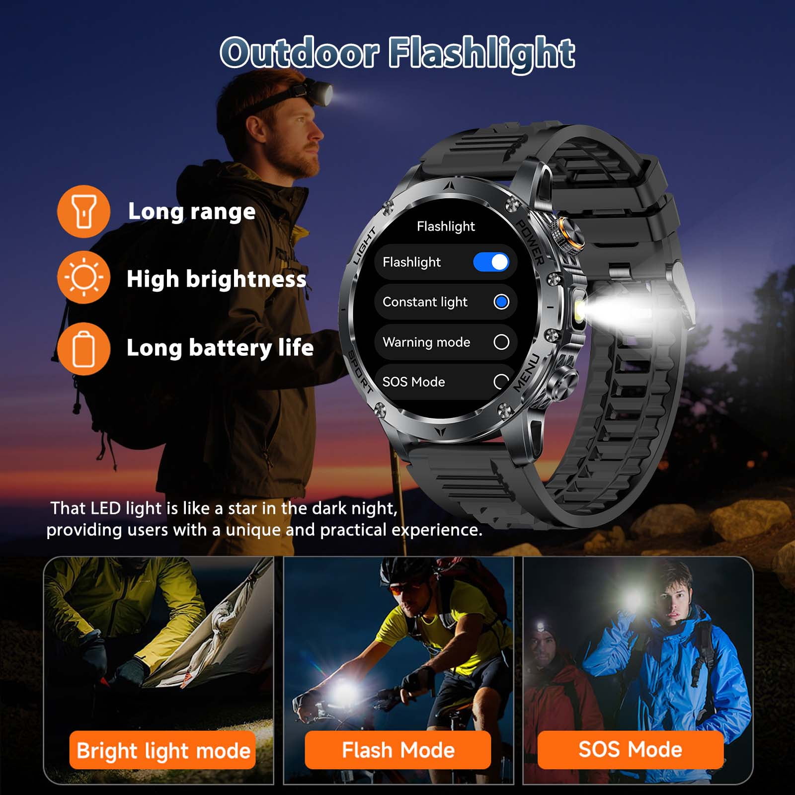 VOPOCO Smart Watches for Men (Answer/Make Calls) with LED Flashlight 1.7" HD, Outdoor Smartwatch with 100+ Sport Modes IP68 and Bluetooth Calling for iOS/Android Phones