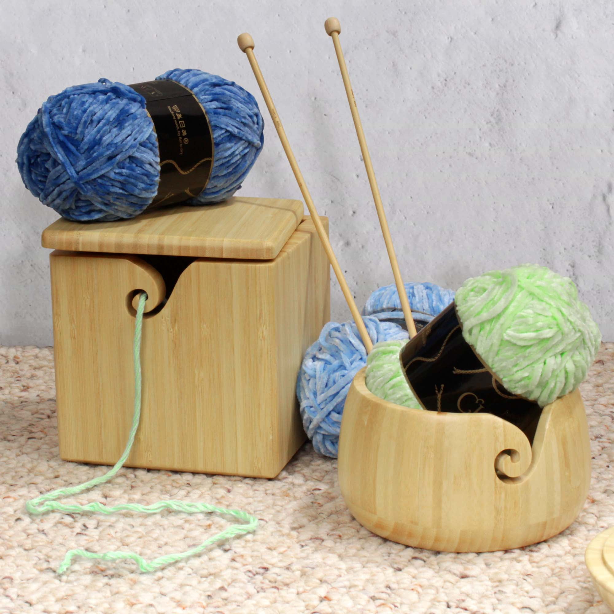 BambooMN Brand - Bamboo Yarn Bowl with Removable Lid -Yarn Holder for Knitting and Crochet - Natural Box
