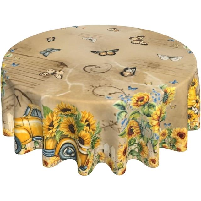 Retro Sunflowers Tablecloth Butterfly Round Table Cover Washable Table Cloth for Home Party Picnic Decorations