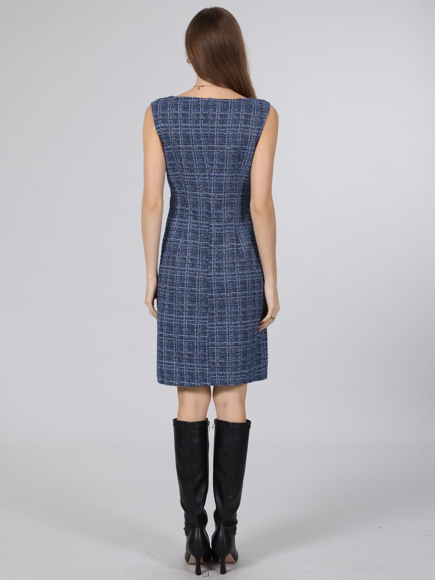 DARING DIVA Women's Sleeveless Elegant Tweed Boat Neck Sheath Dress M Navy Blue