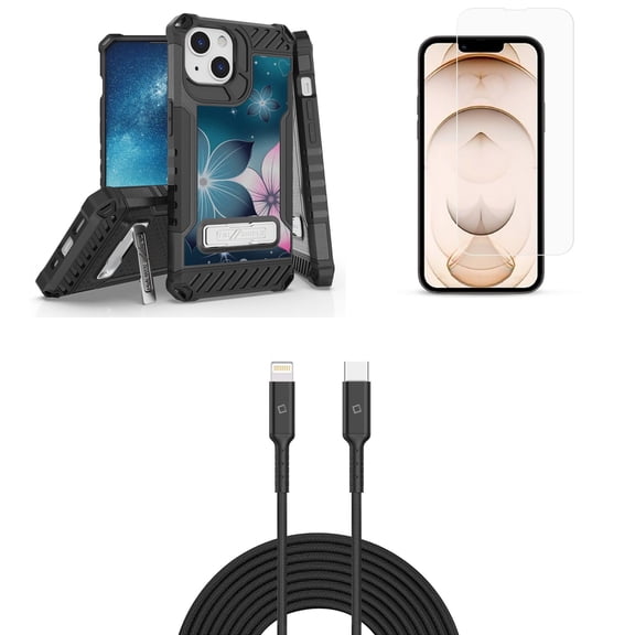 Bemz iPhone 13 Bundle: Tri Shield Shockproof Armor Rugged Case (Cheetah), Premium Glass Screen Protectors (2-Pack), USB-C to Lightning Cable (3.3ft/1m)