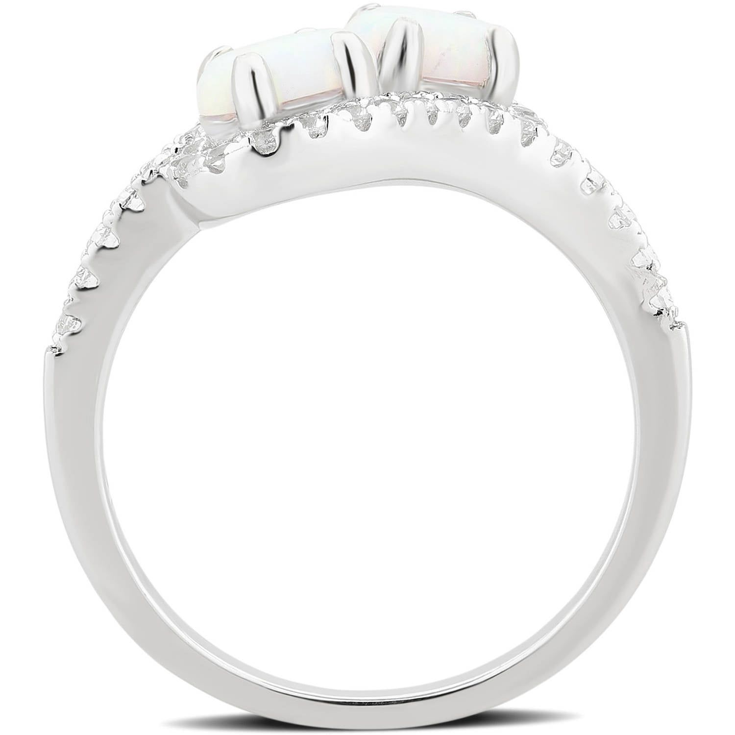 Created Opal and White Sapphire Gemstone Sterling Silver Two stone Ring