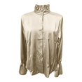 thumbnail image 4 of Women's Satin Button Down Shirt, Long Sleeve Bell Sleeve Blouse, Elegant Solid Color Collared Top for Wrinkle Resistant Formal Office Wear and Daily Outfits Khaki M, 4 of 5
