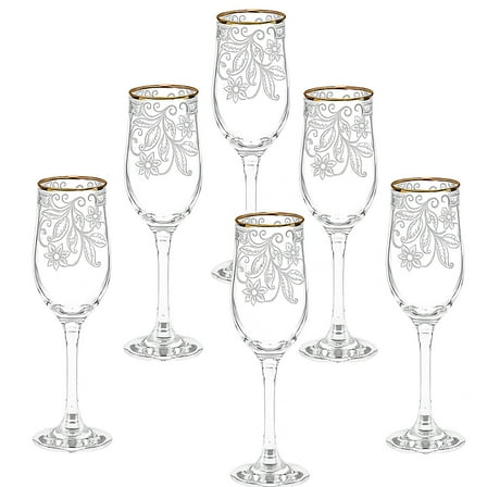 STP GOODS Acacia Wine Glass Set of 6 pcs 6.8 fl oz (200 ml) Floral Bar Glasses for Red and White Wine Glass Wine Goblets with Stem Champagne Flutes with Golden Rim, Bohemian Style, Clear