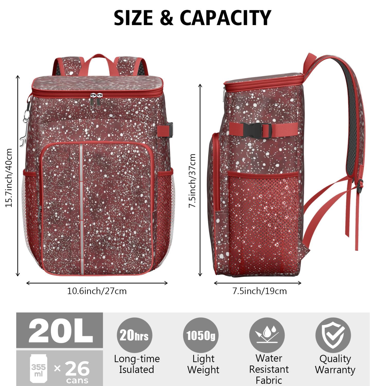 Travel Cooler Bag - Red Christmas Snow Pattern Camping Beer Cooler Backpack with Bottle Opener- Waterproof Insulated Picnic Backpacks - Cooler Bag for Beach